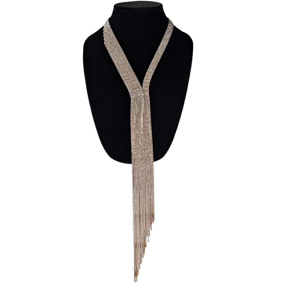 Gold Rhinestone Fringe Lariat Y-Necklace Statement Crystal Waterfall Drip 3928